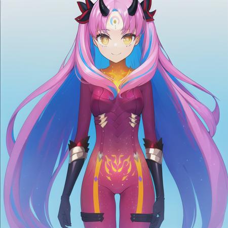 1girl, <lora:ishspa V1:1>, bangs, blue_hair, bodysuit, crescent, crescent_facial_mark, facial_mark, forehead_mark, gradient, gradient_background, horns, long_hair, looking_at_viewer, multicolored_hair, parted_bangs, pink_hair, red_bodysuit, solo, smile, star-shaped_pupils, tattoo, two-tone_hair, two_side_up, very_long_hair, yellow_eyes, ishspa,(masterpiece), (best quality)