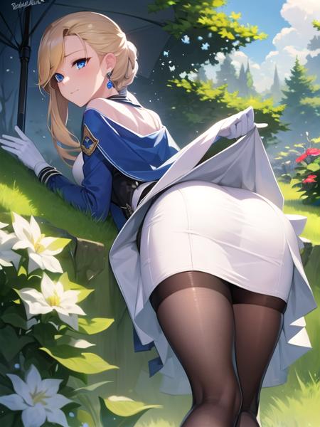 (ultra detailed),(masterpeace),(best quality), beautiful lighting,CG,(colour:1.2),outdoors, park, solo,  <lora:hood_azurlaen_V1:0.8>,
hood \(azur lane\),blonde hair,blue eyes,black pantyhose,dress,earrings,gloves ,jewelry,long skirt,shoes,blue coat,