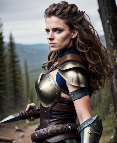 a photo, warrior woman ,hair brown, fantasy dress, realistic, hd, beautiful dress blue, realistic, half body shot, sharp focus, 8 k high definition, insanely detailed