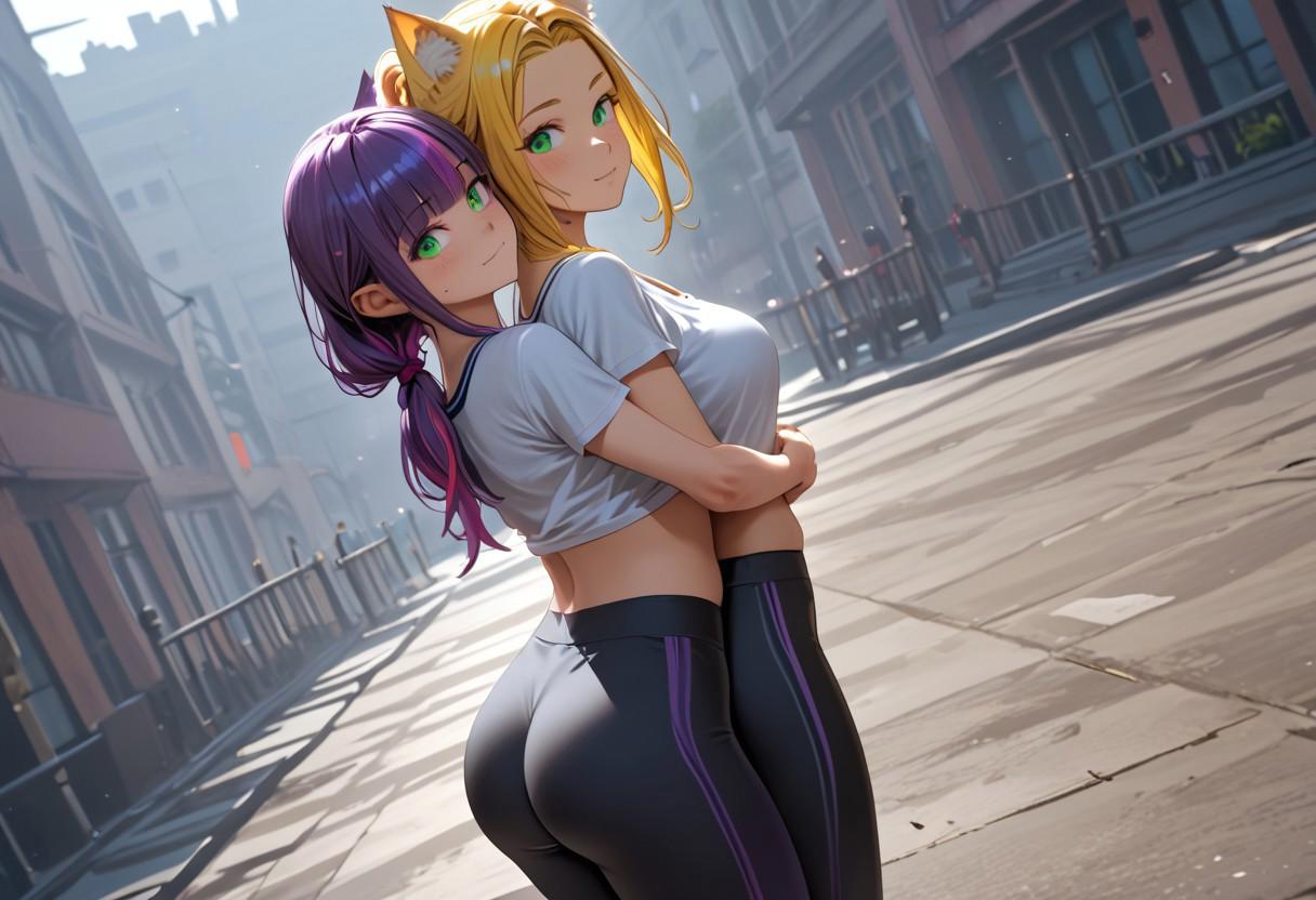 score_7_up,score_8_up,score_9 ((masterpiece,best quality,ultra detailed,highres,HD,4k:1.2) 2 Woman, Meatu(Catgirl, Toga, Two-toned Hair, Dark Red Hair, Yellow Hair, Long Hair, Ponytail, Cornrows, Green Eyes), Fairy(Violet Hair, Blouse and Yoga Pants), Hugging, Loving Smiles, Dutch Angle, Anime,