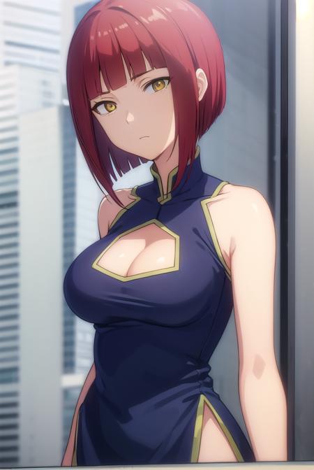 zakuro kurumaki, short hair, bangs, (yellow eyes:1.3), red hair, bob cut, dress, cleavage, sleeveless, clothing cutout, sleeveless dress, chinese clothes, cleavage cutout, china dress, side slit,