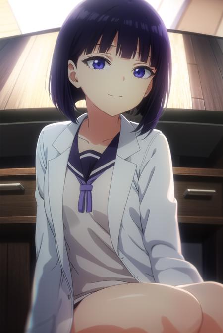 inarisakihira, <lora:inari sakihira s1-lora-nochekaiser:1>,
inari sakihira, short hair, (purple eyes:1.1), purple hair, smile,
BREAK skirt, school uniform, serafuku, labcoat,
BREAK indoors, classroom,
BREAK looking at viewer,
BREAK <lyco:GoodHands-beta2:1>, (masterpiece:1.2), best quality, high resolution, unity 8k wallpaper, (illustration:0.8), (beautiful detailed eyes:1.6), extremely detailed face, perfect lighting, extremely detailed CG, (perfect hands, perfect anatomy),