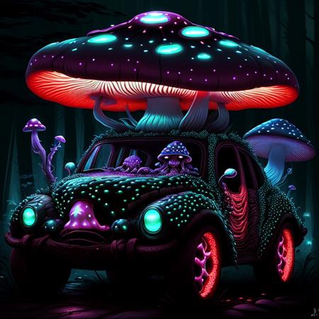 <lora:ShroomPunkAI:.6>ShroomPunkAI car, bioluminescence, night road