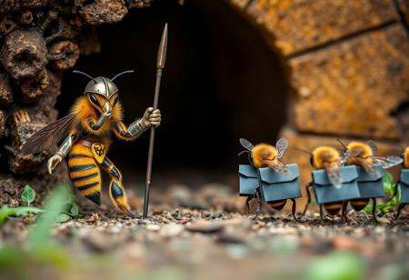 score_9, score_8_up, score_7_up, photo bokeh, blurred background
A close up of a bee hive entrance.  There are 2 bees standing upright on their back legs wearing armor and holding spears.  They are inspecting worker bees that are lined up waiting at the entrance.  The worker bees  are walking upright on 2 legs carrying brief cases.