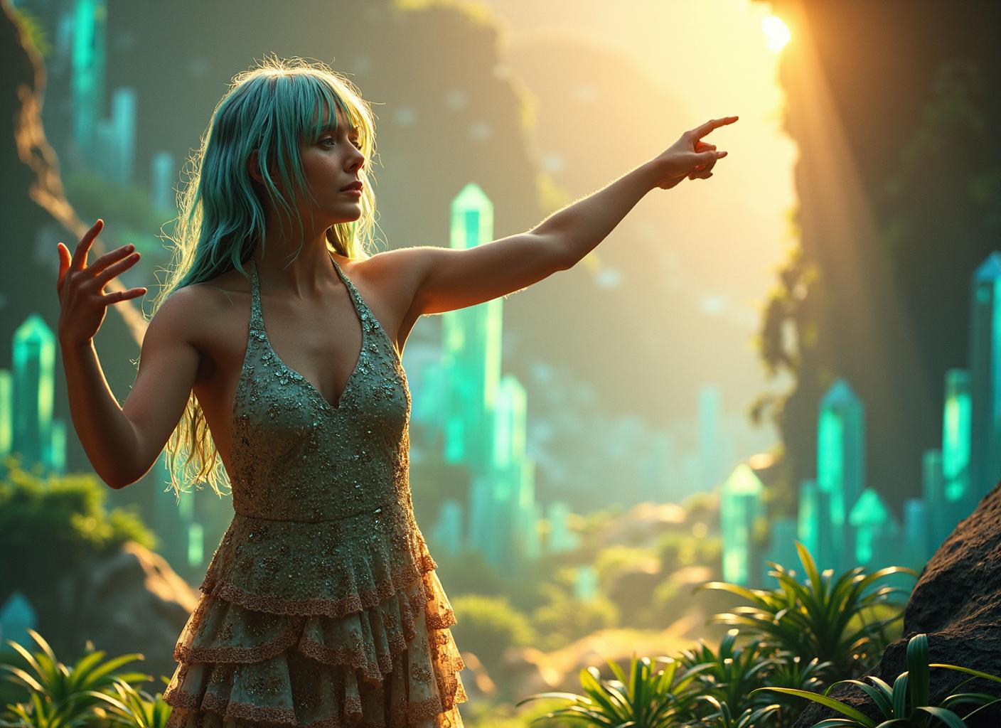 {    "T5": "Elizabeth Olsen wears a halter-neck mini dress with a ruffle hemline and is crowned with hair styled in light blue fringe, her neutral expression replaced with one of pure joy as she conducts a magical symphony amidst a lush, vibrant valley filled with crystalline structures that amplify the songs of enchanted vegetation, her skin, textured with subtle pores and delicate features, illuminated by the warm glow of resonant crystals, as her fingers dance through the air, orchestrating an otherworldly performance, set against a backdrop of towering crystalline formations reflecting every color of the prism, with plants, their leaves, petals and stems, singing in harmony under Elizabeth's guidance, each texture from skin to fabric to crystalline and vegetation bearing witness to a fantastical world, in impeccable detail from the gentle folds on the ruffle hemline to the subtle movements of facial muscles, expressing symphony conductor's delight.",        "CLIP-L": "Elizabeth Olsen, halter-neck mini dress, light blue fringe hair, neutral turned joyful expression, singing plants, valley of resonant crystals, detailed skin, textured fur and hair, expressive face, realistic, extremely detailed" }