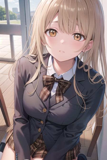 mahirushiina, <lora:mahirushiina-lora-nochekaiser:1>,
mahiru shiina, blonde hair, (brown eyes:1.7), long hair, 
BREAK black footwear, black pantyhose, blazer, bow, bowtie, collar, collared shirt, jacket, pantyhose, plaid, plaid skirt, pleated skirt, red bow, red bowtie, school uniform, shirt, shoes, skirt,
BREAK looking at viewer, full body,
BREAK indoors, classroom,
BREAK <lyco:GoodHands-beta2:1>, (masterpiece:1.2), best quality, high resolution, unity 8k wallpaper, (illustration:0.8), (beautiful detailed eyes:1.6), extremely detailed face, perfect lighting, extremely detailed CG, (perfect hands, perfect anatomy),