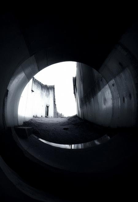 detailxl, 80sc1nemat1c5tyle, creamy bokeh, black and white, colorless, monochrome, BREAK, sinkhole, dark, darkness