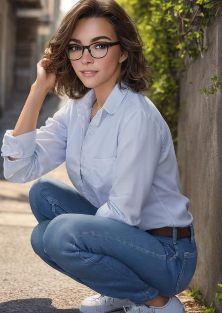 <lora:gabrielle:1>,
photo of beautiful (gabrielle),((ultra detailed, masterpiece, best quality)), best quality, ultra high res, ultra detailed face and eyes, (photorealistic:1.4), 1girl, Brown hair, brown eyes
BREAK,   glasses, white collared shirt, jeans, sneakers, looking at viewer, serious, squatting, outside, city, alley way, high quality, masterpiece, (extremely detailed skin), (flawless skin), (model pose), (natural light), (high quality photography), (intricate details), (8k), (HDR), (sharp focus)