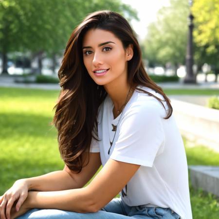 a woman casual clothes sitting in a park <lora:Bianca Van Varenberg Lora:1> 1girl, realistic, lips, brown eyes, long hair, brown hair, high detail skin, high detail eyes, high detail hair, highres, ultra detailed, Highly detailed, masterpiece, best quality, teeth