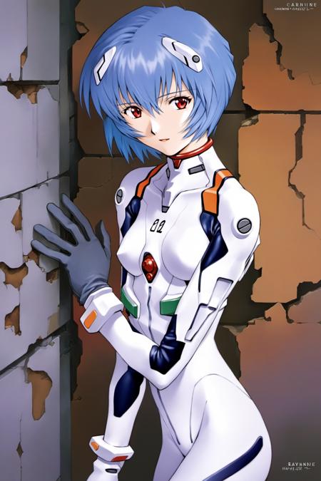 1girl, ayanami rei, plugsuit, solo, white bodysuit, red eyes, short hair, bodysuit, blue hair, against wall, interface headset, breasts, pilot suit, gloves, bangs, ruins, looking at viewer, small breasts, pale skin, bracer, <lora:Sadamoto Yoshiyuki_XL:0.8>