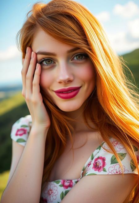 Close-up portrait of a (beautiful:1.3) 20-year-old woman with (big hazel eyes:1.2), (freckles:1.1), and (luscious soft pink lips:1.2). Her (very long ginger hair:1.3) covers one eye, (defined long eyelashes:1.2), (soft rosy cheeks:1.1), (playful joyful smile:1.3). Wearing an (elegant floral dress:1.2), (cute graceful body:1.1), (pale skin:1.1), (well-cared fingernails:1.1). Set in nature, (green hill:1.2), (sunny sky:1.3), (few clouds:1.1), vibrant colors, soft lighting, by (Annie Leibovitz:1.4).