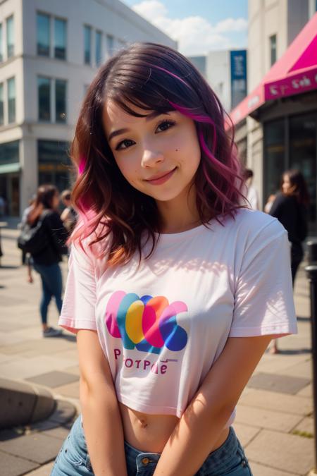 <lora:more_details:0.3>, solo, very detailed, detailed face, picture of beautiful girl, pokidiffusion, picture of a beautiful girl with pink hair wearing colorfull t-shirt, soft smile, outside in a common place, upper body