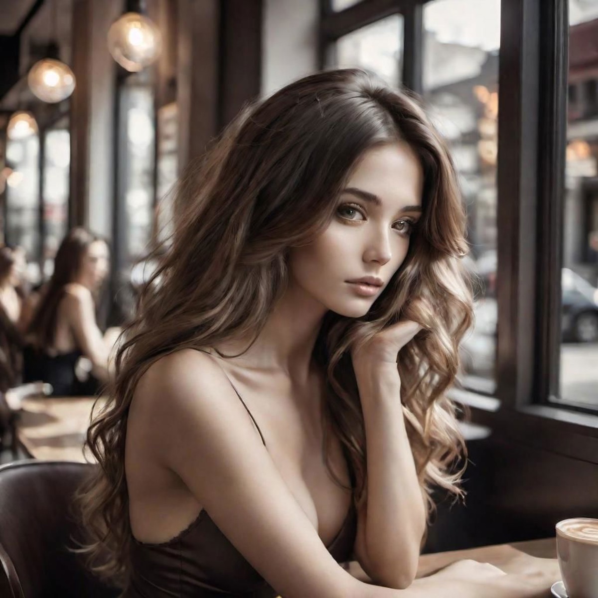 Photography:2.3, young woman sitting nude:1.9 at coffe shop, slim waist, Perfect Hands, dark:1.7, desaturated (low conrast...