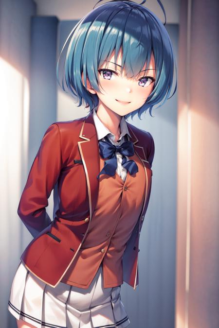 masterpiece, best quality, highres, 1girl ibuki mio short hair blue hair, white skirt red jacket open jacket <lora:ibuki_mio:1> smile, standing, leaning forward, arms behind back, indoors