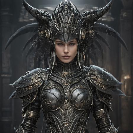 full body shot of a woman from final fantasy live action, with the face of h. r. giger. a beautiful digital painting. artstation. digital art. concept art. illustration. realistic. vibrant. by justin gerard <lora:alienzkin-sdxl:1.1> alienzkin <lora:EbonyGold-000014:1.4> ebonygold <lora:PAseer-SDXL-PhoenixRageArmor:0.8> armor, colorfeathers