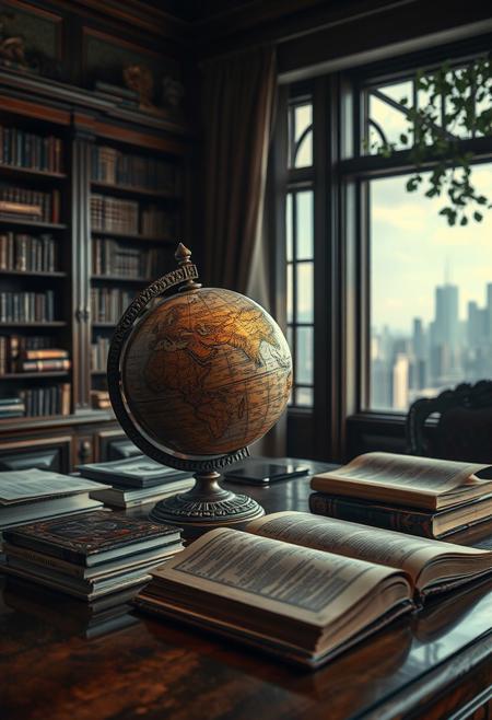 Intricately textured, cinematic, The antique globe, intricately carved with intricate designs and designs, spins slowly on a polished desk. The desk is cluttered with books and papers, and a stack of books lies open on the desk, waiting for its next adventure. The air is thick with the scent of old books and the sound of rustling leaves. The scene is set in a cozy study, with a large window overlooking a city skyline.