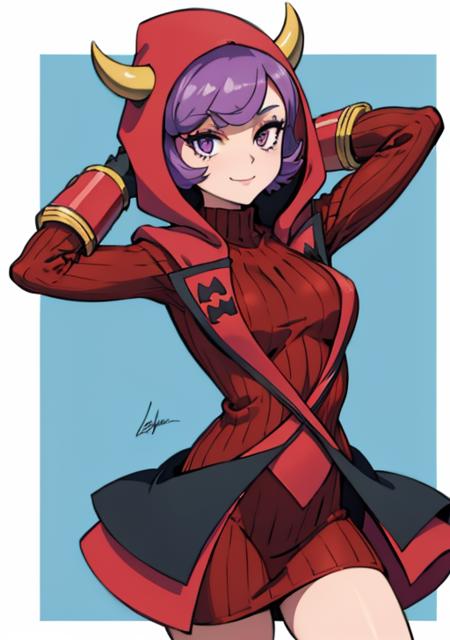 <lora:courtney:0.7>,courtney, 1girl, solo, breasts, looking at viewer, smile, short hair, bangs, simple background, gloves, white background, dress, closed mouth, purple eyes, purple hair, horns, signature, hood, arm up, sweater, eyelashes, red dress, clenched hand, red gloves, ribbed sweater, hood up, fake horns, sweater dress, horned headwear, ribbed dress