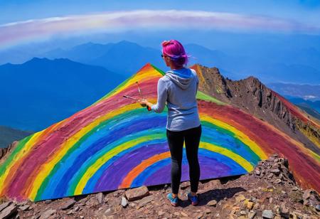 rainbow morph,1 female with rainbow-colored hair, standing on a mountainside, she is painting on a large canvas board, (mountain view on canvas board:1.2), creating a vivid and colorful rainbow, marvelous, and extraordinary, with intricate details and a sense of wonder, made out of rainbow