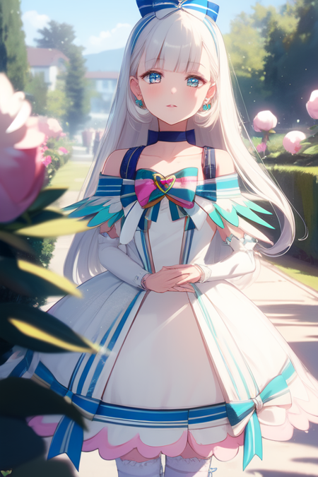 cure nyammy big pretty eyes blue eyes long hair bangs blunt bangs white dress light blue ribbon on dress bow magical girl heart brooch choker jewelry thighhighs earrings blue footwear blue heels kitten heels blue kitten heels