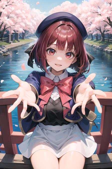 skirt, shirt, long sleeves, hat, bow,school uniform, jacket,collared shirt, bowtie, red bow,white skirt, blue jacket,blue headwear, kana,