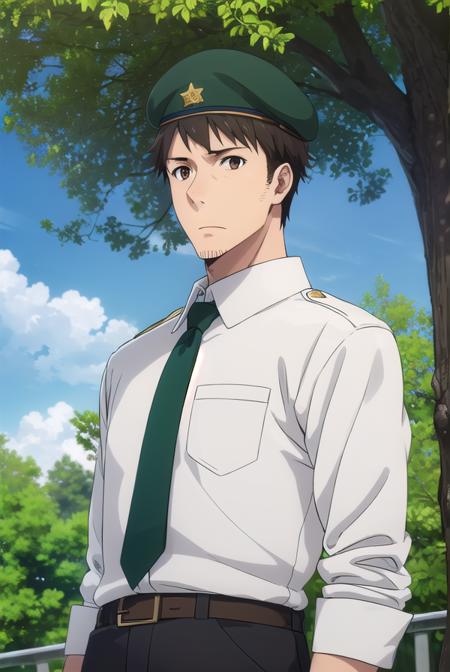 youjiitami, <lora:youji itami s1s2-lora-nochekaiser:1>,
youji itami, brown hair, (brown eyes:1.5), male focus, mature male,
BREAK shirt, hat, white shirt, necktie, collared shirt, belt, pants, uniform, beret, green necktie,
BREAK outdoors, forest, nature, grass, trees, sun, sky, clouds,
BREAK looking at viewer, (cowboy shot:1.5),
BREAK <lyco:GoodHands-beta2:1>, (masterpiece:1.2), best quality, high resolution, unity 8k wallpaper, (illustration:0.8), (beautiful detailed eyes:1.6), extremely detailed face, perfect lighting, extremely detailed CG, (perfect hands, perfect anatomy),