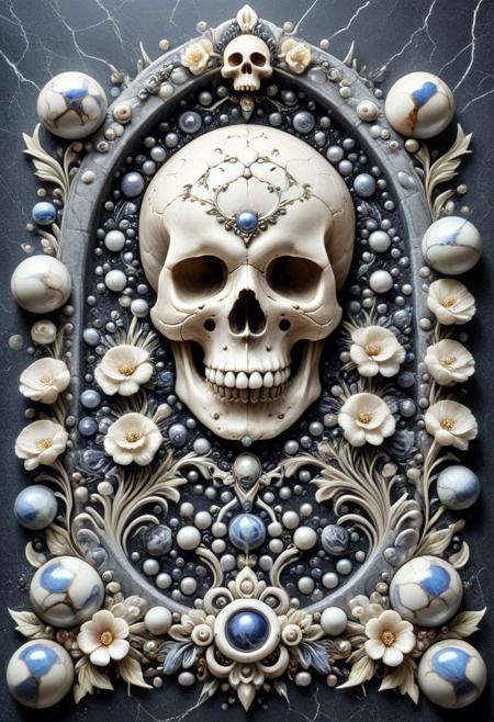 a illustration of a skull as a wall emblem made with marbles, flowers around, gothic style, mobe-godeen