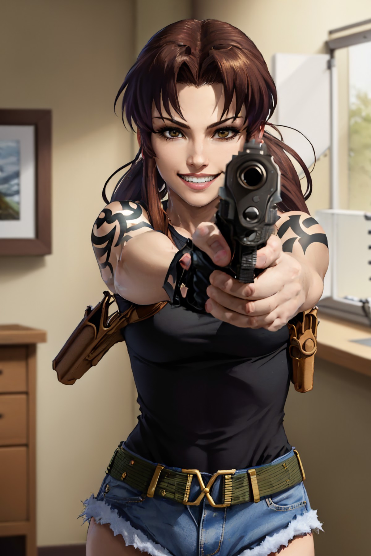 (masterpiece, best quality:1.2), solo, 1girl, revy, grin, looking at viewer, gunatyou, beretta 92, gun, aiming at viewer, ...