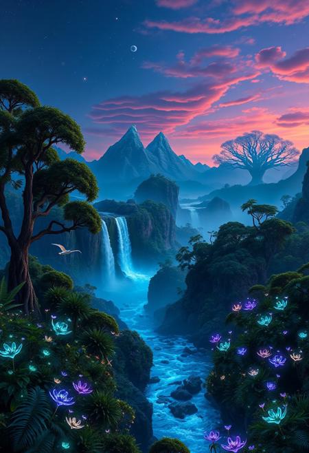 Imagine standing in the heart of Pandora’s most beautiful locale. Before you stretch the majestic Hallelujah Mountains, floating impossibly high, their verdant peaks cloaked in bioluminescent flora. Cascading waterfalls sparkle like liquid stardust as they tumble into the mist below.
In the foreground, a sapphire river meanders through a valley. Its waters glint with an iridescent glow, bordered by glowing plants whose colors shift from deep blues to bright purples. Occasionally, delicate, bioluminescent flowers sway in the gentle breeze, releasing a calming fragrance.
Towering ancient trees to your left are draped in phosphorescent moss, their dense canopies casting a twilight glow. Graceful banshees glide between the branches, adding life to the serene scene.
Above, the sky transitions from deep indigo to vibrant oranges and pinks, dotted with drifting bioluminescent orbs. In the distance, the Tree of Souls stands as an awe-inspiring silhouette, its glowing branches pulsating with a soothing light.
The air hums with a symphony of alien sounds—the rustling of plants, distant calls of fauna, and the gentle flow of water. This landscape of Pandora envelops you in a dreamlike serenity and otherworldly beauty.