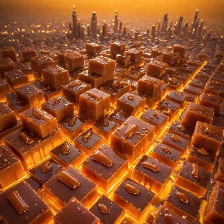 caramel, futuristic cityscape dripping with caramel from the rooftops, glowing windows, amber haze in the air, nighttime lighting
,
masterpiece, best quality, high detail, cinematic lighting, vibrant colors, sharp focus, beautiful composition, intricate detail, depth of field, clean background,  concept art, fantasy style