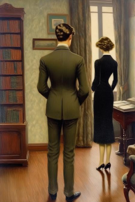 <lora:Paul Gustav Fischer Style:1>Paul Gustav Fischer Style - In the study, a young man sided, a young woman stood far away directly in front of him, the woman with her back to the man