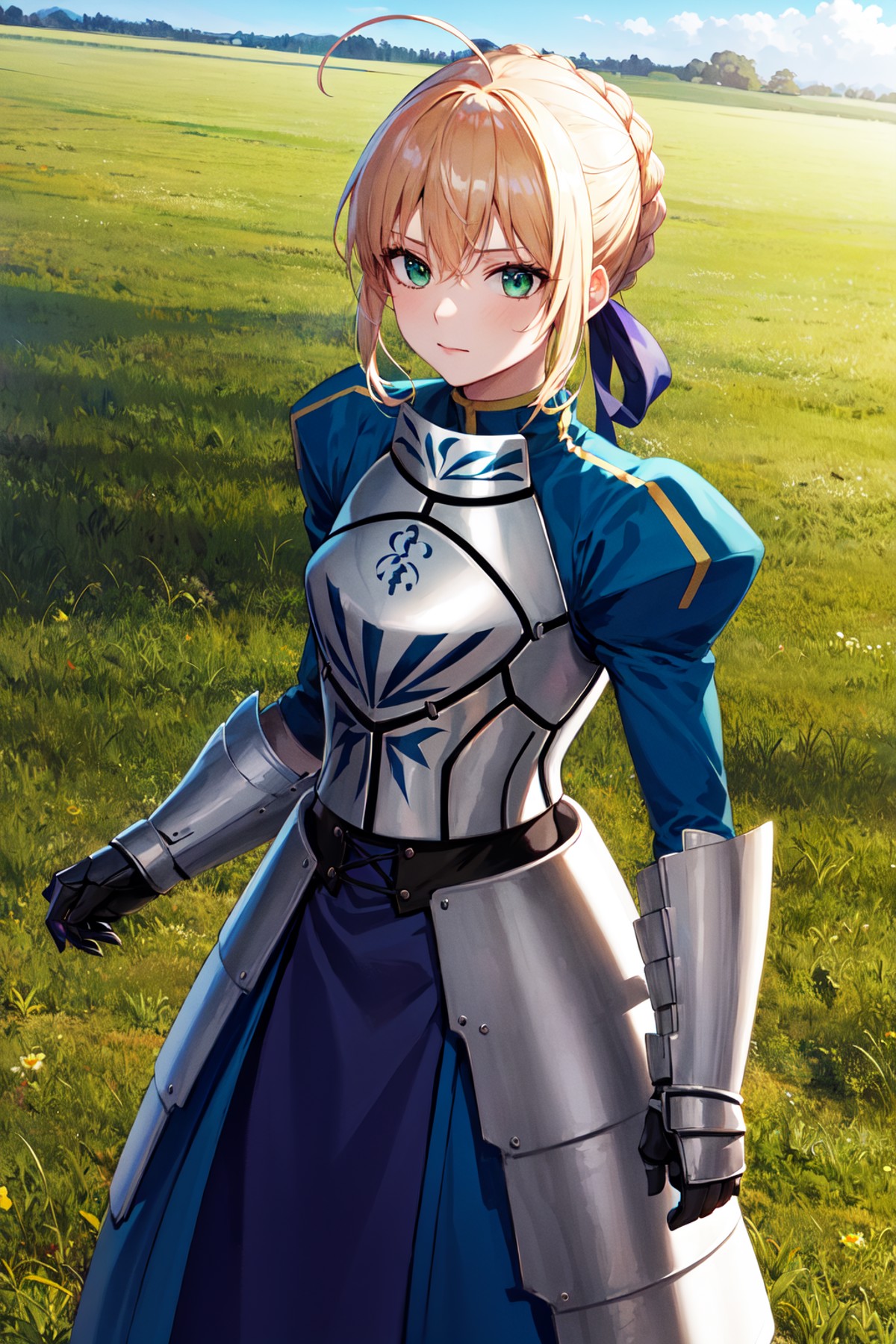 masterpiece, best quality, highres, aasaber, green eyes, ahoge, gauntlets, <lora:artoria_pendragon_v1:0.9>, standing, cowb...