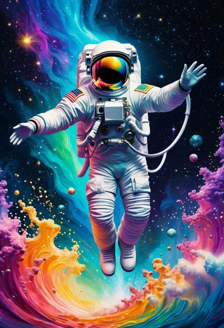 Surrealism - Splashing. Medium shot. A rainbow-colored astronaut splashes in a sea of stars and galaxies. Medium shot. Vibrant, dreamlike illustration with textures of watercolor and digital painting. Swirling, iridescent aurora borealis surrounds the astronaut. Glowing, ethereal stardust sparkles in the water. Soft, luminous light shines from within the astronaut's suit. 8k resolution, highly detailed, shimmering colors, astral projection, cosmic wonder, surrealism, psychedelic, vibrant, glowing, iridescent, shimmering, dreamlike.
