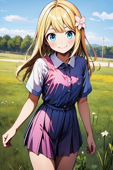 1girl, field, smile, standing, cowboy shot, 
himeno, blue eyes, blonde hair, long hair, hair ornament, hair flower, <lora:himenochan_lora_ver1:0.8>, best quality, masterpiece, highres, <lora:GoodHands-vanilla:1>