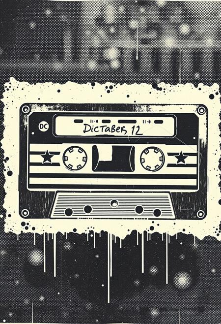 An analogue artwork of a punk stencil photocopy print of a magazine image of a tape cassettes. Print errors, halftone dots. grungy print registration errors.