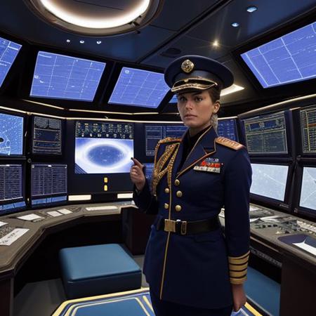 Create an image showcasing Captain Nova, the fearless leader of the starship Odyssey, standing on the bridge with an air of authority and determination. Surround her with the futuristic technology of the ship's command center, including holographic displays, control panels, and a panoramic view of the stars through the observation windows. Highlight Captain Nova's distinct uniform, adorned with insignias of honor and rank, as she issues orders to her loyal crew.