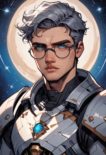 (score_9, score_8_up:1.1), score_7_up, masterpiece, volumetric lighting, ray tracing, source-fantasy, (((half portrait))), 1 male, solo, (grey hair, undercut), ((round eyeglasses)), handsome, slender, scholarly, intellectual, blue eyes, (((brown stubble, stubble))), facial hair, stubble, ((heavy stubble, facial hair)), ((short grey hair)), (fantasy-style power armor, bulky armor, white-and-gold armor, magical-technology), ((fantasy-style power armor, space_space, spartan \(halo\))), intricate armor, textured skin, fantasy city street, (3-frame sketch), raw lighting, overexposed, harsh flash, volumetric lighting, cinematic lighting, aesthetic design, dramatic angle, dramatic framing, cinematic framing, posing at an angle, (((fantasy-style power armor))), ((sitting)),