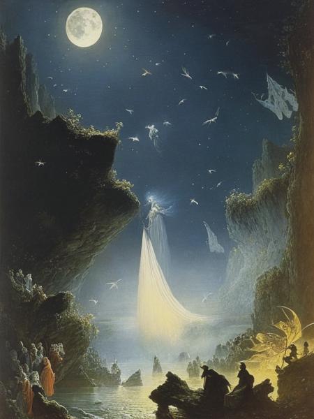 <lyco:RichardDadd:1.0> 'Moth by Moonlight' is a masterpiece by Richard Dadd, whilst insane at bedlam. Central is a white spectral moth flying in an abyss of darkness lit by a creepy moon, whilst strange fairy creatures such as elves and goblins admire it from afar. This picture has a haunting and disturbed feel to it.