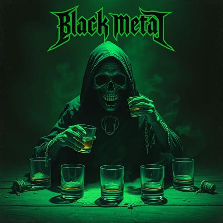 Typical black metal logo in top section, under it a drunk Grim Reaper drinking whiskey shots, several empty glasses surrounded by subtle dust and decay. The scene is lit with a deep green duotone color scheme, casting moody, heavy shadows. The texture is gritty and raw, evoking a dark and psychedelic stoner doom metal atmosphere. The background is dark and minimal, emphasizing the grim reaper, with faint hints of smoke or mist swirling in the air. The lighting is dramatic and harsh, creating a brooding, vintage poster-like aesthetic with a grainy, analog feel.