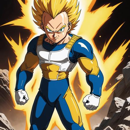 (anime (vegeta:1.6):0.65) standing in full view, (detailed eyes,:0.25), (going super saiyan,:1.25), akira toriyama style