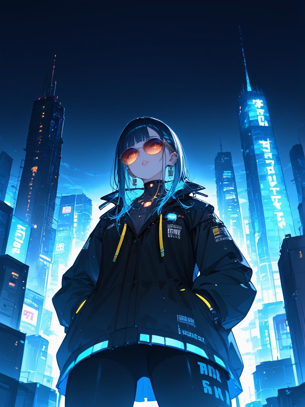 score_9, score_8_up, score_7_up, An anime-style schoolgirl standing on the edge of a futuristic skyscraper rooftop, overlooking a neon-lit cyberpunk cityscape at night. She wears a sleek, high-tech version of a traditional Japanese school uniform, with a black and neon-blue skirt, a jacket adorned with LED-lit accents, and a glowing digital tie. Her long, dark hair features neon-blue highlights that catch the cityâs vibrant colors. In her hands, she holds a futuristic, cyberpunk-style gun with glowing blue circuits and a sleek, metallic finish, emitting a faint neon glow. The city below is filled with towering skyscrapers, holographic billboards, and hovering vehicles, all awash in shades of neon pink, blue, and purple. A light drizzle creates reflections on the wet, metal rooftop surface, with the neon glow casting a cool, moody light across her determined expression. The art style is detailed, with smooth lines and vivid neon colors, capturing the intense and atmospheric essence of a cyberpunk world