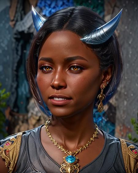 best quality,masterpiece,highly detailed,ultra-detailed, 1gril,<lora:neg4all_bdsqlsz_V3.5:-1>  <lora:bg3:1> digital art, unreal engin 5,
bg3, solo, 1girl, dark skin, jewelry, black hair, neck ring, horns, necklace, piercing, dark-skinned female, portrait, dreadlocks, very dark skin, lip piercing, teeth, yellow eyes, short hair
game play screenshot