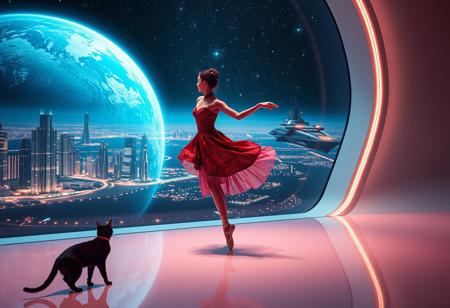 a beautiful elegant female dancer wearing ballet slippers and a futuristic chinese inspired dress is dancing on a futuristic stage micro-LED lighted, a black cat with a red collar watches from the edge of the stage, behind the dancer on the stage is an enormous seamless and futuristic wall to wall and floor to ceiling window that looks out at a planet from low orbit, the planet is covered with the lights of enormous buildings and cities, An enormous deco starship with futuristic lighting and an enormous space station are visible in the background among the stars, Artistic art deco, dynamic perspective, (((overall architectural aesthetic is Art Deco Cyberpunk))).  Epic image that elicits a feeling of wonder and awe,