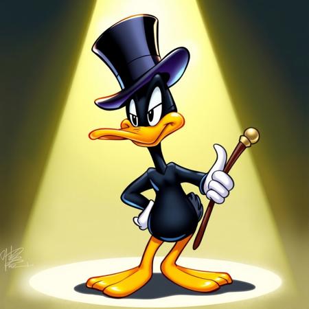 (masterpiece, cartoon character, vibrant:1.3), a lively portrayal of Daffy Duck standing in the spotlight, (colorful feathers:1.2) shimmering with mischief, (top hat and cane:1.2) adding a touch of sophistication, (expressive eyes:1.2) brimming with personality, (dynamic pose:1.2) exuding charm and humor, (captivating and whimsical:1.3) illustration that captures the essence of this iconic Looney Tunes character in a vibrant and engaging manner.