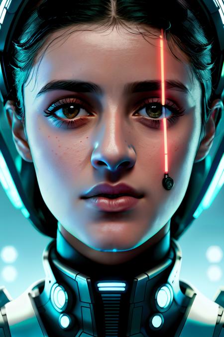 anyaC3, ((best quality)), ((masterpiece)), (detailed), Midjourney Style, close-up, woman, robot, red eyes, concept art, inspired by Marek Okon, digital art, Crysis Nanosuit, futuristic, (glowing elements:1.1), 4:3 aspect ratio, dynamic duo