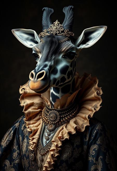 elegant and majestic portrait of a Hybrid between a black giraffe and a woman, victorian costume, ornamented, damask fabric, black and gold, hyper-realistic, studio photography, perfect textures, vintage photography
