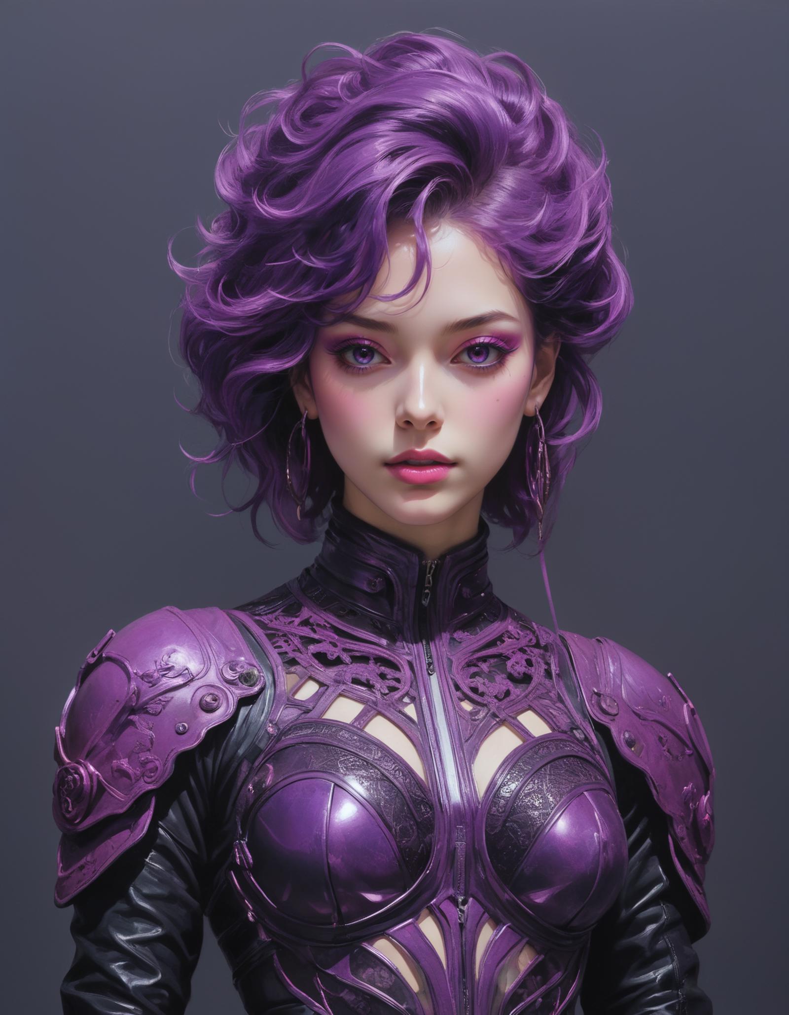 A purple-haired woman in a futuristic purple armor outfit.