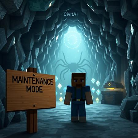 Deep inside a crystal cave in Minecraft. A wooden sign that reads "Maintenance Mode" on posted outside a dungeon with a Monster Spawner cage, inside a spider spins in liminal space, a Player resembling Steve from Minecraft with "CivitAI" Logo above, he stands before a chest in the distance surrounded by glowing diamonds.