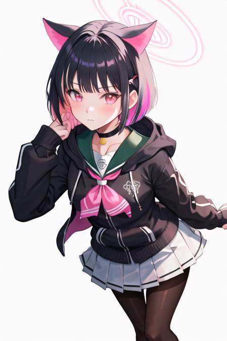 kazusa_bluearchive animal_ears, black_hair, multicolored_hair, short_hair, bangs, colored_inner_hair, pink_hair, halo, cat_ears, two-tone_hair, hair_ornament, blush, hairclip, red_eyes, pink_eyes