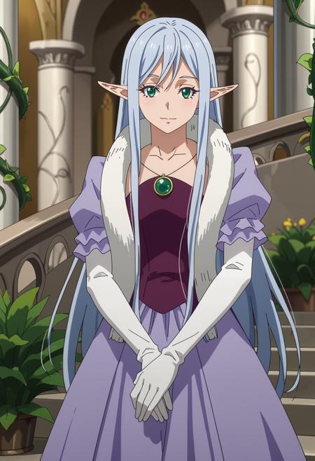 ElmesiaElRuSarion long hair, blue hair, green eyes, pointy ears purple dress, fur boa, necklace, puffy short sleeves, elbow gloves, white gloves