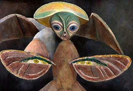 p1c4ss0, seraphins, mystical creature with hundreds of eyes and wings, roswell alien with yellow christmas hat delivering presents with santa riding a ufo sleigh, 1908 Woman with a Fan
